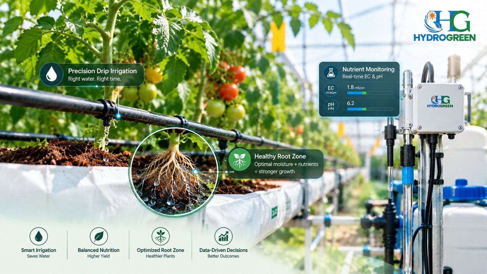 Hydrogreen precision roots and irrigation